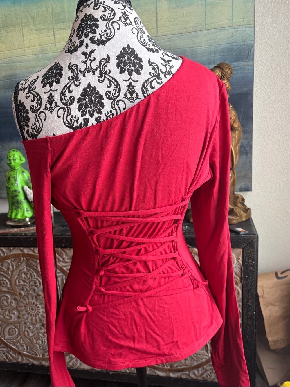 Women’s One-Shoulder Long Sleeve Top in Red - Picture 2 of 7